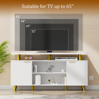 Valu4me TV Stand for 65" TV, LED Entertainment Center with Adjustable Shelves, Storage Cabinets & Power Outlets, Fluted TV Console for Living Room, White Finish