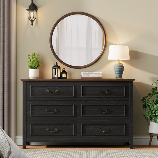 LainTene Farmhouse 6-Drawer Dresser - Rustic Black Wood Dresser with Antique Bronze Handles, Vintage Storage Chest for Bedroom, Living Room & Entryway