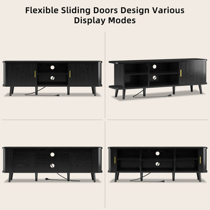 LainTene 65 Inch TV Stand with Sliding Doors – Modern Fluted Media Console for Living Room, Power Outlets (2 USB + 2 AC), Adjustable Shelves, Black Entertainment Center