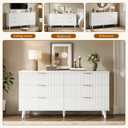 Laintene 6 Drawer Dresser for Bedroom – Solid Wood Fluted Storage Cabinet with Metal Handles, Modern Wave Design for Bedroom, Living Room & Entryway, White