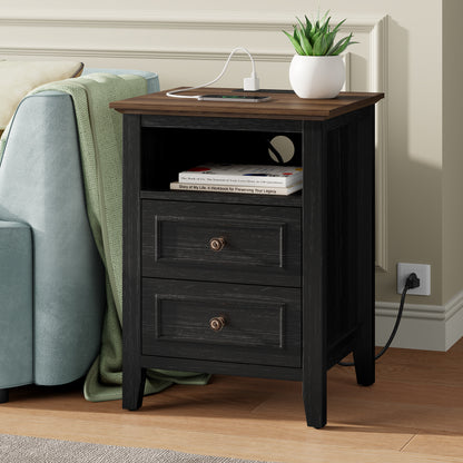 Laintene Nightstand Set of 2 with Charging Station, Farmhouse Bedside Table with 2 Drawers, USB & AC Outlets for Bedroom & Living Room，Oak Black Finish