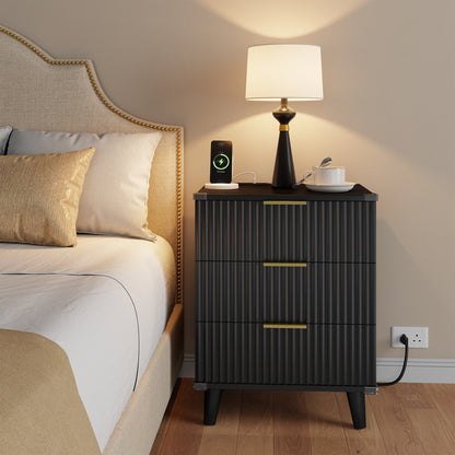 Laintene 3-Drawer Dresser for Bedroom, Nightstand with Charging Station - Modern Fluted with Solid Wood Legs, 2 AC Outlets & 2 USB Ports, Small End Table with Storage, Black