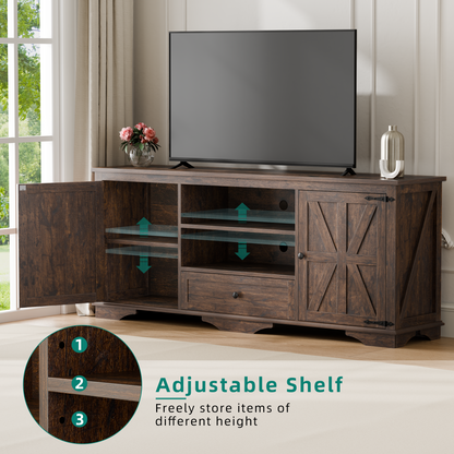 Laintene TV Stand up to 65" TVs, Farmhouse Barn Door Entertainment Center with Adjustable Shelves & Storage Cabinets, Solid Wood Media Console for Living Room, Brown