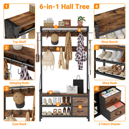 Laintene Hall Tree with Bench - 6-in-1 Wider 39.4" Entryway Organizer, 24 Adjustable Hooks & 2 Drawers, Hanging Rod & Top Shelf, 300lb Weight Capacity for Hallway and Living Room, Rustic Brown