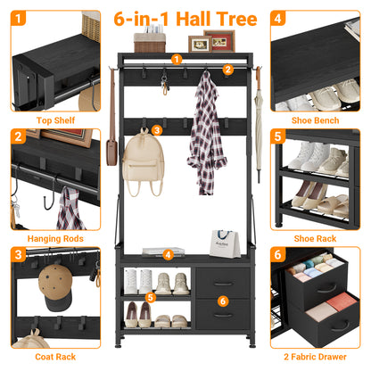 Laintene Hall Tree with Bench - 6-in-1 Industrial 31.5" Entryway Organizer, 17 Adjustable Hooks & 2 Drawers, Hanging Rod & Top Shelf, 300lb Weight Capacity for Hallway and Living Room, Black