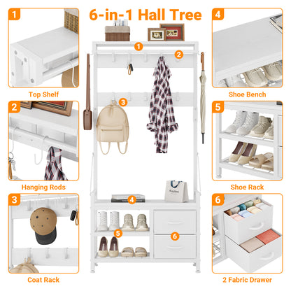 Laintene Hall Tree with Bench - 6-in-1 Industrial 31.5" Entryway Organizer, 17 Adjustable Hooks & 2 Drawers, Hanging Rod & Top Shelf, 300lb Weight Capacity for Hallway and Living Room, White