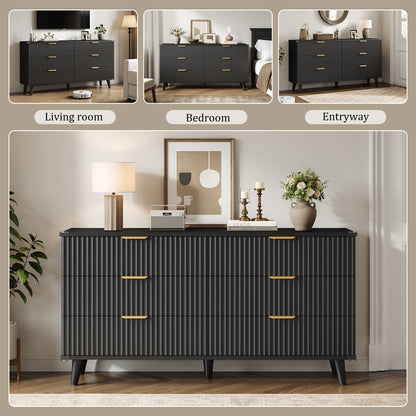Laintene 6 Drawer Dresser for Bedroom – Solid Wood Fluted Storage Cabinet with Metal Handles, Modern Wave Design for Bedroom, Living Room & Entryway, Black