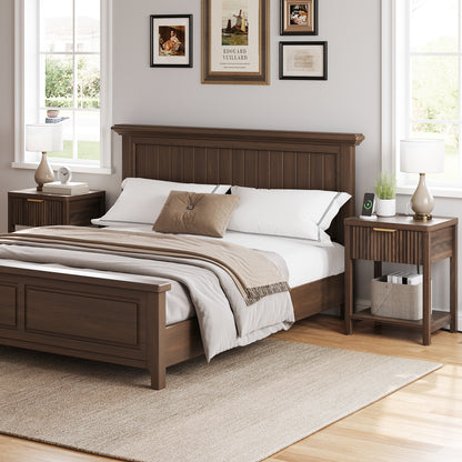 Laintene Fluted Nightstand with Charging Station - Modern Bedside Table with Drawer & Open Shelf, 2 AC Outlets + USB &Type-C for Bedroom & Living Room, Walnut