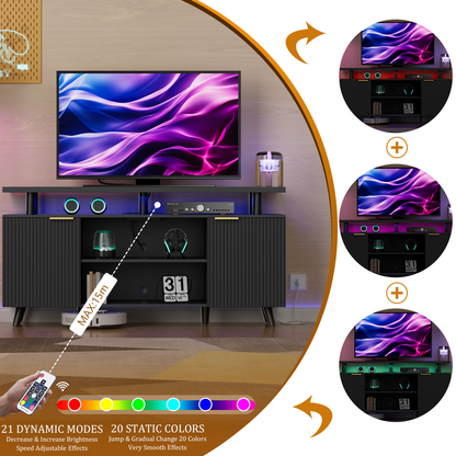 Laintene Fluted TV Stand for 65" TV, Modern Boho LED Entertainment Center with Adjustable Shelves, Storage Cabinets & Power Outlets for Living Room, Black Finish
