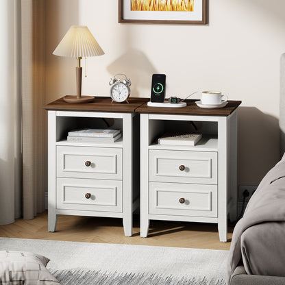 LainTene Nightstand with Charging Station, Farmhouse Bedside Table with 2 Drawers, USB & AC Outlets for Bedroom & Living Room, Oak White Finish