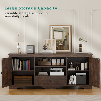 Laintene TV Stand up to 65" TVs, Farmhouse Barn Door Entertainment Center with Adjustable Shelves & Storage Cabinets, Solid Wood Media Console for Living Room, Brown