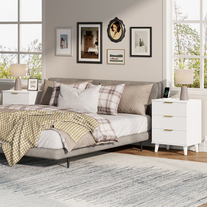 Laintene 3-Drawer Dresser for Bedroom, Nightstand with Charging Station - Modern Fluted with Solid Wood Legs, 2 AC Outlets & 2 USB Ports, Small End Table with Storage, White
