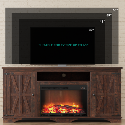 Laintene TV Stand with Fireplace for 65" TV, Electric Fireplace Entertainment Center with Storage Cabinets & Adjustable Shelves, 1400W Heater Farmhouse TV Stand for Living Room, Brown