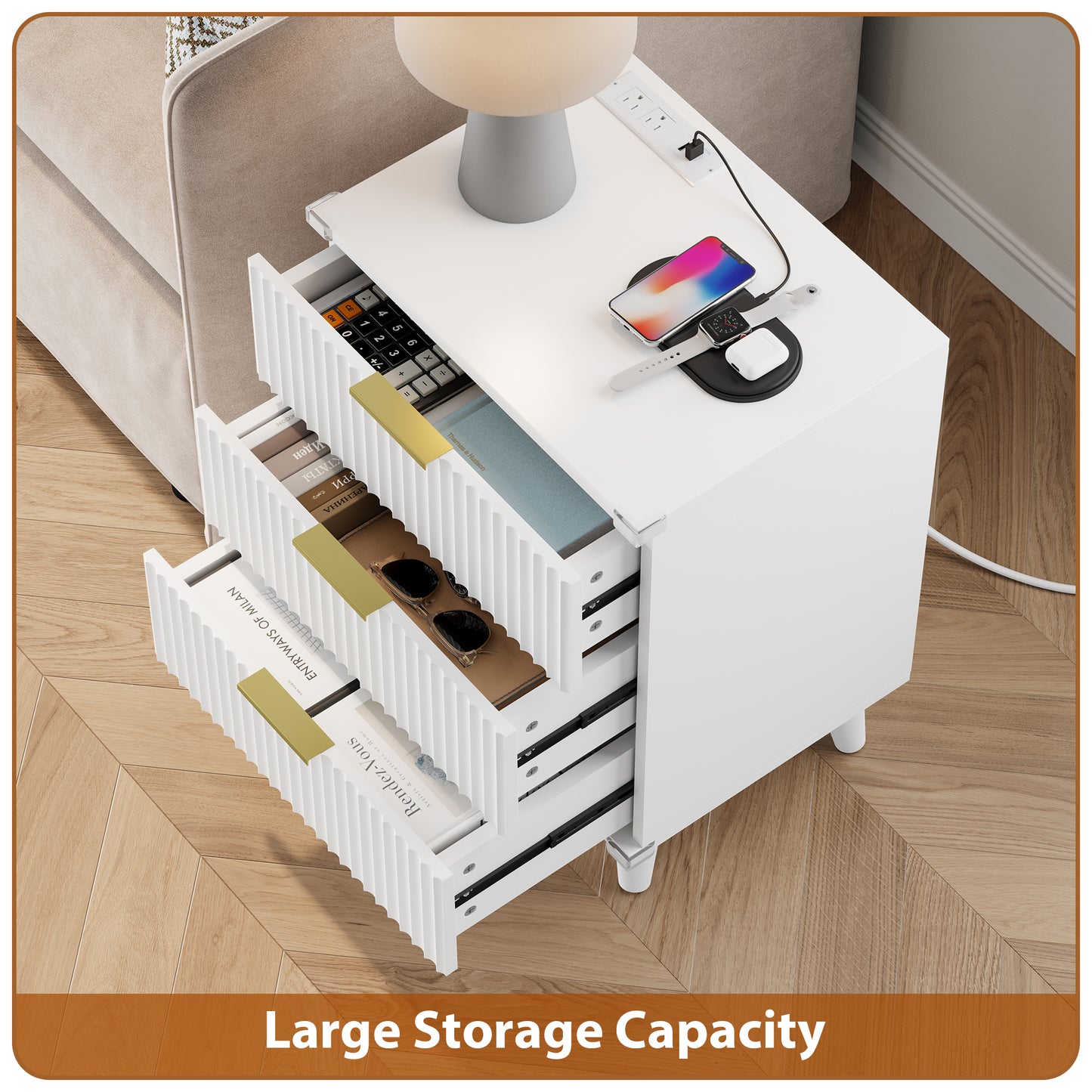 Laintene 3-Drawer Dresser for Bedroom, Nightstand with Charging Station - Modern Fluted with Solid Wood Legs, 2 AC Outlets & 2 USB Ports, Small End Table with Storage, White