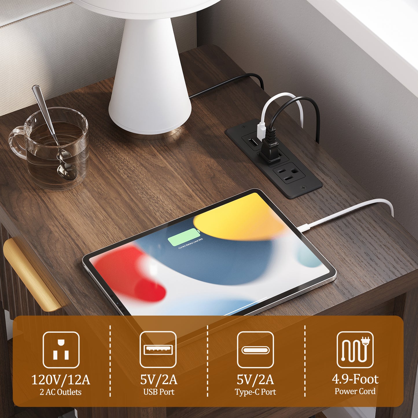 Laintene Fluted Nightstand with Charging Station - Modern Bedside Table with Drawer & Open Shelf, 2 AC Outlets + USB &Type-C for Bedroom & Living Room, Walnut
