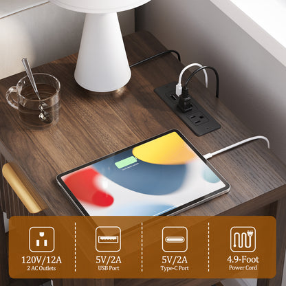 Laintene Fluted Nightstand with Charging Station - Modern Bedside Table with Drawer & Open Shelf, 2 AC Outlets + USB &Type-C for Bedroom & Living Room, Walnut