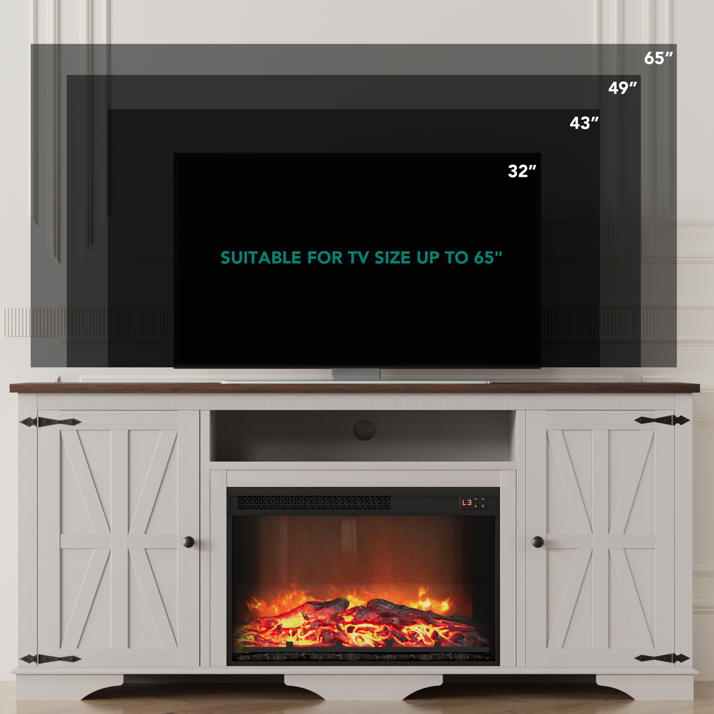 LainTene Farmhouse Electric Fireplace TV Stand for 65 Inch TVs – Rustic Beige Entertainment Center with Adjustable Flame, Storage Cabinets & Barn Door Design, 1400W Heater, White