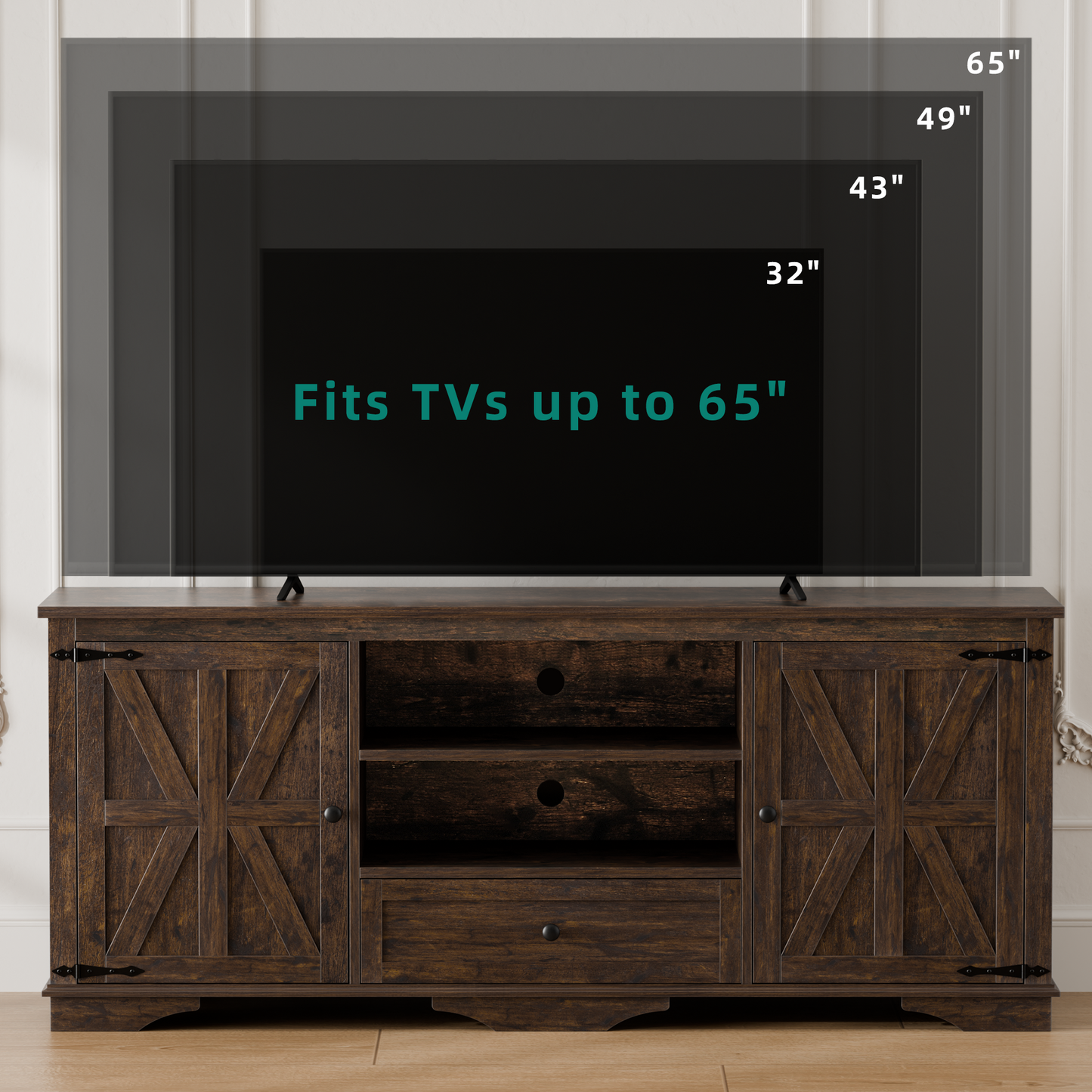 Laintene TV Stand up to 65" TVs, Farmhouse Barn Door Entertainment Center with Adjustable Shelves & Storage Cabinets, Solid Wood Media Console for Living Room, Brown