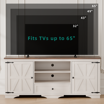 Laintene TV Stand up to 65" TVs, Farmhouse Barn Door Entertainment Center with Adjustable Shelves & Storage Cabinets, Solid Wood Media Console for Living Room, White