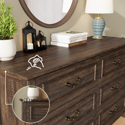 Laintene Farmhouse 6-Drawer Dresser - Rustic Wood Dresser with Antique Bronze Handles, Vintage Storage Chest for Bedroom, Living Room & Entryway