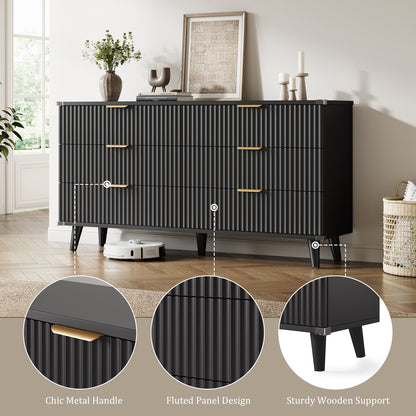 Laintene 6 Drawer Dresser for Bedroom – Solid Wood Fluted Storage Cabinet with Metal Handles, Modern Wave Design for Bedroom, Living Room & Entryway, Black