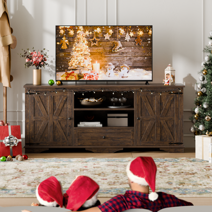 Laintene TV Stand up to 65" TVs, Farmhouse Barn Door Entertainment Center with Adjustable Shelves & Storage Cabinets, Solid Wood Media Console for Living Room, Brown