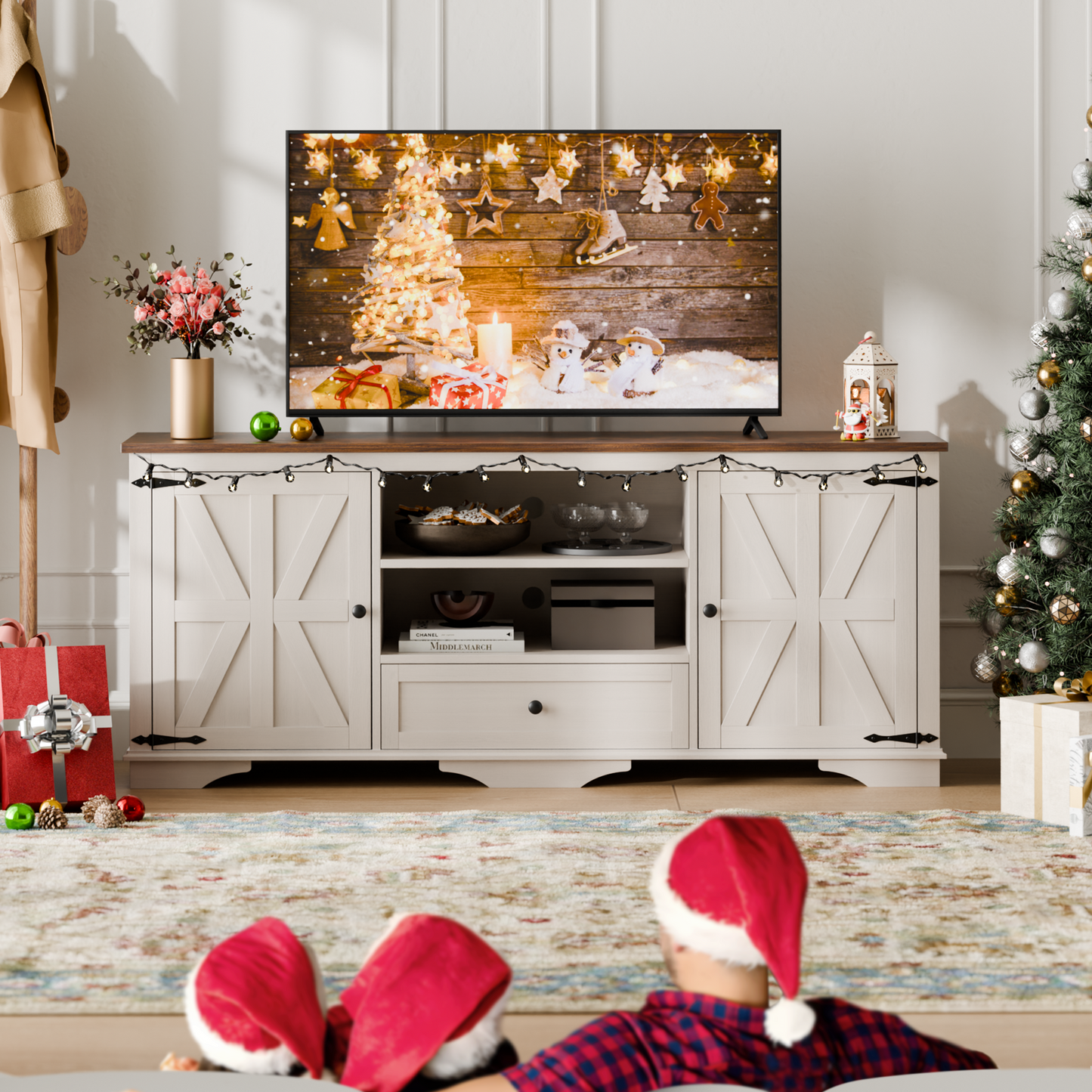 Laintene TV Stand up to 65" TVs, Farmhouse Barn Door Entertainment Center with Adjustable Shelves & Storage Cabinets, Solid Wood Media Console for Living Room, White