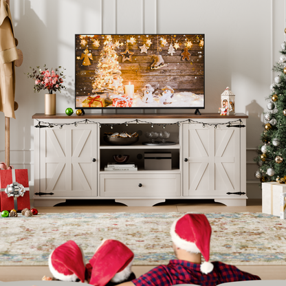 Laintene TV Stand up to 65" TVs, Farmhouse Barn Door Entertainment Center with Adjustable Shelves & Storage Cabinets, Solid Wood Media Console for Living Room, White