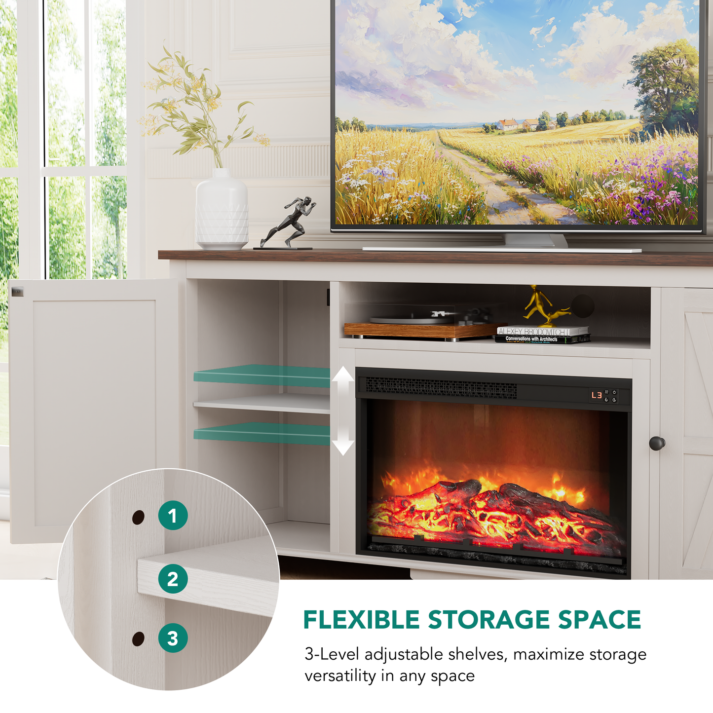 LainTene Farmhouse Electric Fireplace TV Stand for 65 Inch TVs – Rustic Beige Entertainment Center with Adjustable Flame, Storage Cabinets & Barn Door Design, 1400W Heater, White