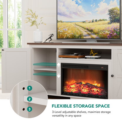 LainTene Farmhouse Electric Fireplace TV Stand for 65 Inch TVs – Rustic Beige Entertainment Center with Adjustable Flame, Storage Cabinets & Barn Door Design, 1400W Heater, White