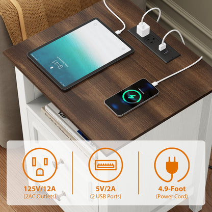 LainTene Nightstand with Charging Station, Farmhouse Bedside Table with 2 Drawers, USB & AC Outlets for Bedroom & Living Room, Oak White Finish
