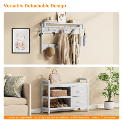 Laintene Hall Tree with Bench - 6-in-1 Industrial 31.5" Entryway Organizer, 17 Adjustable Hooks & 2 Drawers, Hanging Rod & Top Shelf, 300lb Weight Capacity for Hallway and Living Room, White