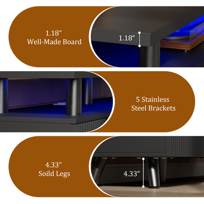 Laintene Fluted TV Stand for 65" TV, Modern Boho LED Entertainment Center with Adjustable Shelves, Storage Cabinets & Power Outlets for Living Room, Black Finish