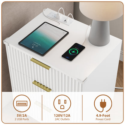 Laintene 3-Drawer Dresser for Bedroom, Nightstand with Charging Station - Modern Fluted with Solid Wood Legs, 2 AC Outlets & 2 USB Ports, Small End Table with Storage, White
