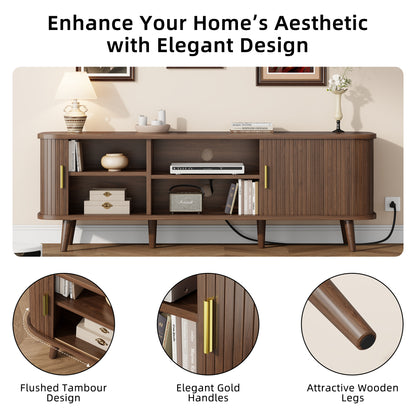 LainTene 65 Inch TV Stand with Sliding Doors – Modern Fluted Media Console for Living Room, Power Outlets (2 USB + 2 AC), Adjustable Shelves, Walnut Entertainment Center