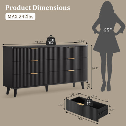 Laintene 6 Drawer Dresser for Bedroom – Solid Wood Fluted Storage Cabinet with Metal Handles, Modern Wave Design for Bedroom, Living Room & Entryway, Black