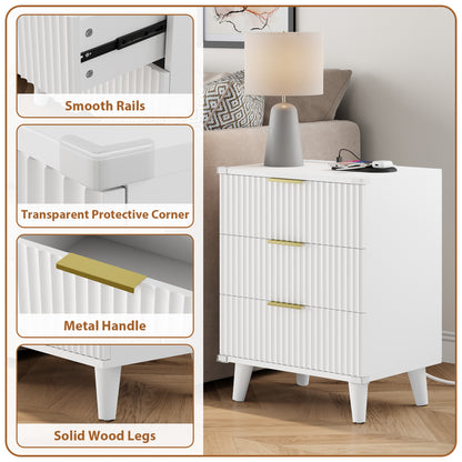 Laintene 3-Drawer Dresser for Bedroom, Nightstand with Charging Station - Modern Fluted with Solid Wood Legs, 2 AC Outlets & 2 USB Ports, Small End Table with Storage, White