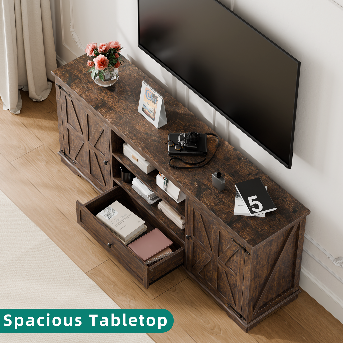 Laintene TV Stand up to 65" TVs, Farmhouse Barn Door Entertainment Center with Adjustable Shelves & Storage Cabinets, Solid Wood Media Console for Living Room, Brown