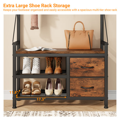 Laintene Hall Tree with Bench - 6-in-1 Industrial 31.5" Entryway Organizer, 17 Adjustable Hooks & 2 Drawers, Hanging Rod & Top Shelf, 300lb Weight Capacity for Hallway and Living Room, Rustic Brown