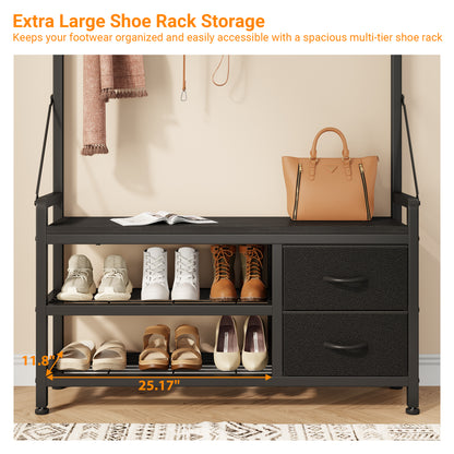 Laintene Hall Tree with Bench - 6-in-1 Wider 39.4" Entryway Organizer, 24 Adjustable Hooks & 2 Drawers, Hanging Rod & Top Shelf, 300lb Weight Capacity for Hallway and Living Room, Black