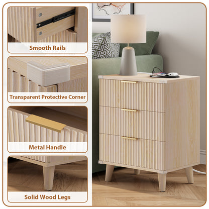 Laintene 3-Drawer Dresser for Bedroom, Nightstand with Charging Station - Modern Fluted with Solid Wood Legs, 2 AC Outlets & 2 USB Ports, Small End Table with Storage, Natural