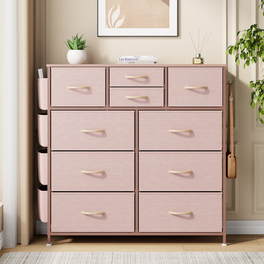 Pink Dresser for Bedroom,10 Drawer Dresser Wide Chest Of Drawers, Fabric Storage Dresser With Wood Top for Living Room, Bedroom, Hallway, Pink