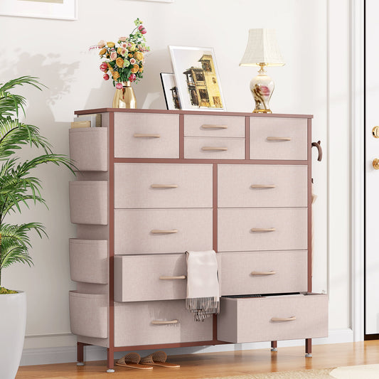 Pink Dresser for Bedroom,12 Drawer Dresser Wide Chest Of Drawers, Fabric Storage Dresser With Wood Top for Living Room, Bedroom, Hallway