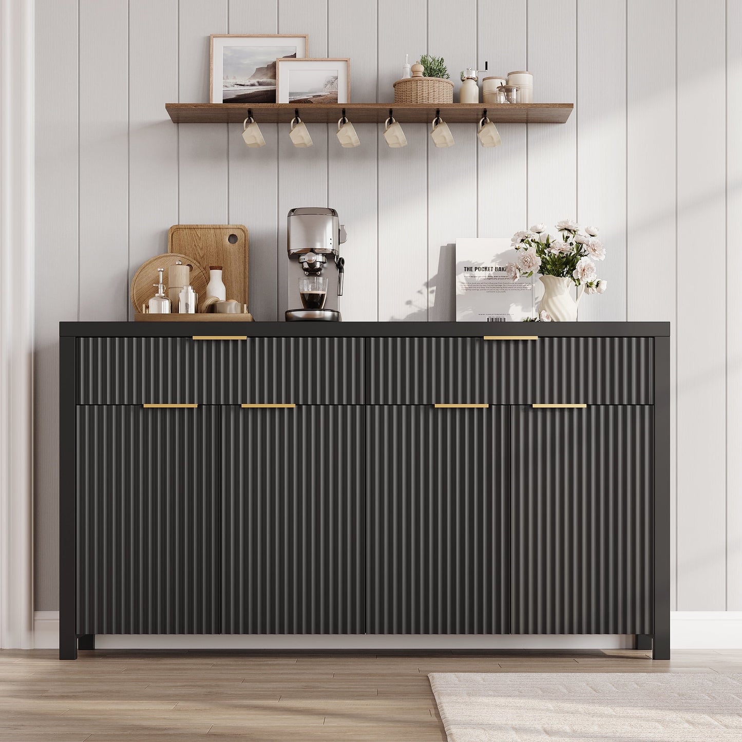 Laintene 55"L Sideboard Buffet Cabinet with Storage, Fluted Accent Storage Cabinet with Doors & Adjustable Shelves for Living Room Dining Room and Kitchen, Black