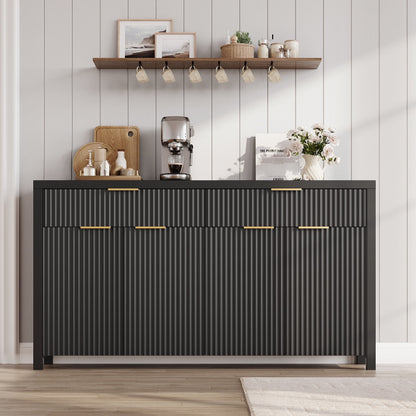 Laintene 55"L Sideboard Buffet Cabinet with Storage, Fluted Accent Storage Cabinet with Doors & Adjustable Shelves for Living Room Dining Room and Kitchen, Black