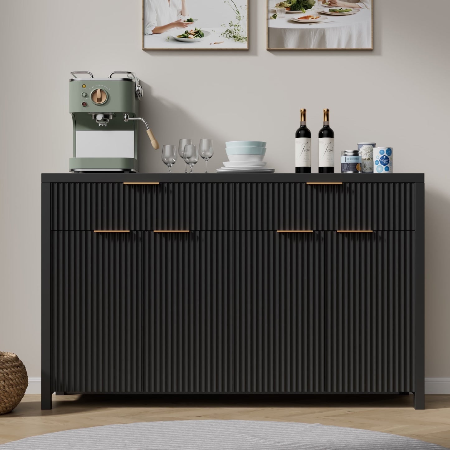 Laintene 55"L Sideboard Buffet Cabinet with Storage, Fluted Accent Storage Cabinet with Doors & Adjustable Shelves for Living Room Dining Room and Kitchen, Black