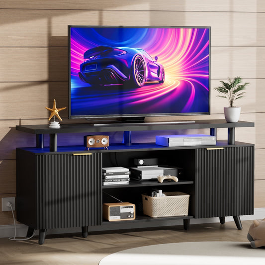 Laintene Fluted TV Stand for 65" TV, Modern Boho LED Entertainment Center with Adjustable Shelves, Storage Cabinets & Power Outlets for Living Room, Black Finish
