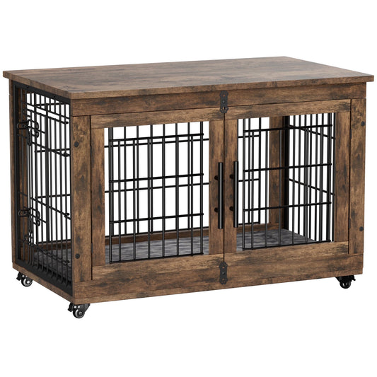 Laintene Dog Crate Furniture, Dog Kennels for Inside with Pads and Wheels, Heavy Duty Pet House for Medium to Large Dogs, Browm