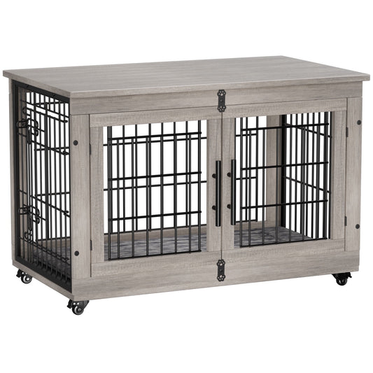 Laintene Dog Crate Furniture, Dog Kennels for Inside with Pads and Wheels, Heavy Duty Pet House for Medium to Large Dogs, Gray