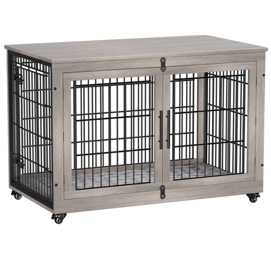 Laintene Dog Crate Furniture, Indoor Dog Kennels with Wheels and Pads, Pet House for XL Dogs, Gray